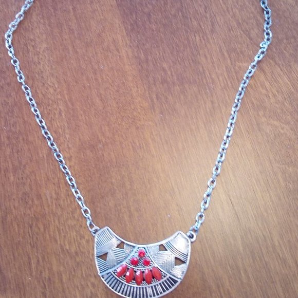 Silver Tone Pendant Necklace with Red Beads and Sto… - Picture 3 of 4